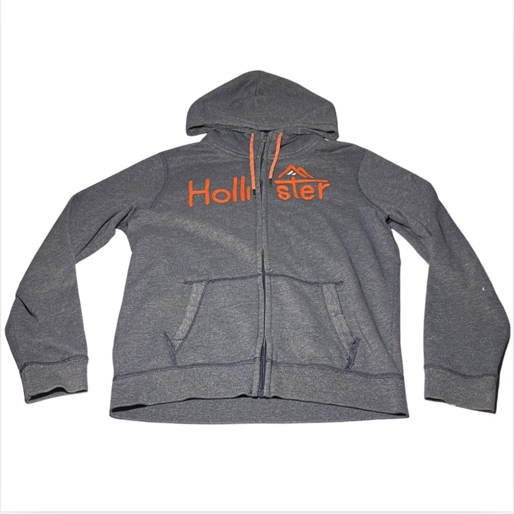 Hollister California M Men’s Long Sleeve Zip Up Hoodie Gray Orange Mountain Logo